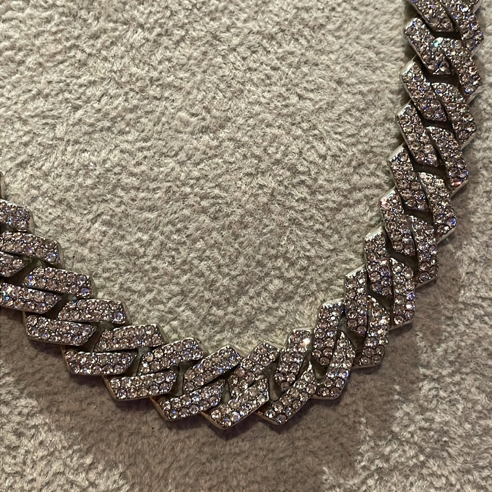 Vintage Silver Cuban Link Necklace Crystals Statement  18”